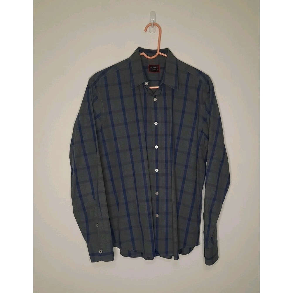 UNTUCKit Mens Long Sleeve Button Down 100% Cotton Shirt Size L Plaid Blue Gray - Picture 2 of 4